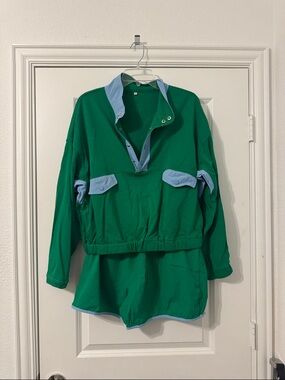 Green Pullover and Shorts with Light Blue Trim